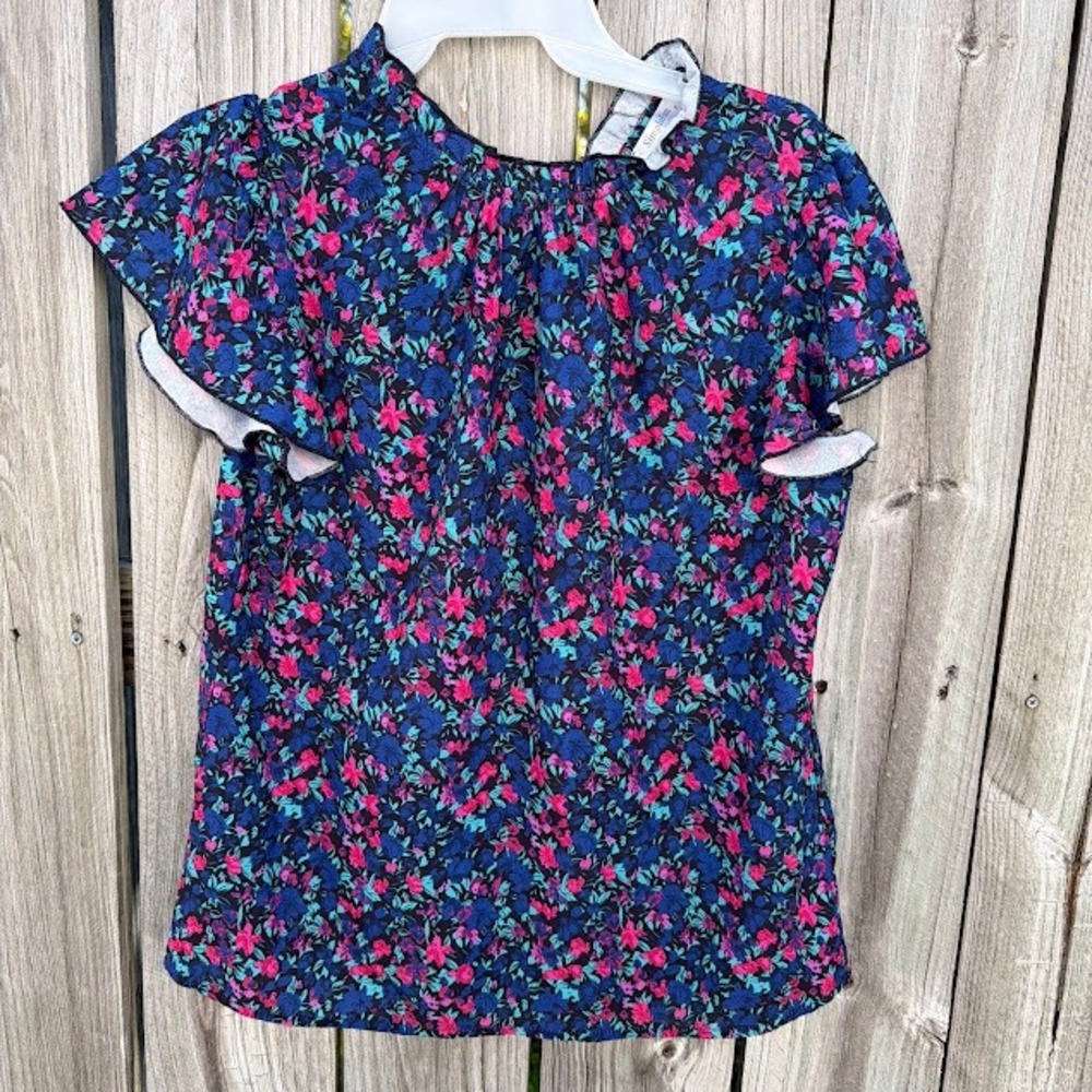 Floral Cottagecore SimpleFun Blouse Small Blue Pink Flutter Sleeve Ruffle Neck